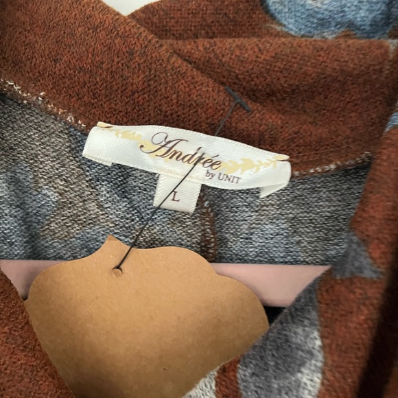 NEW Andree by Unit Brown Sweater Dress Blue Floral Cowl Neck Buttons Size L - Picture 7 of 15